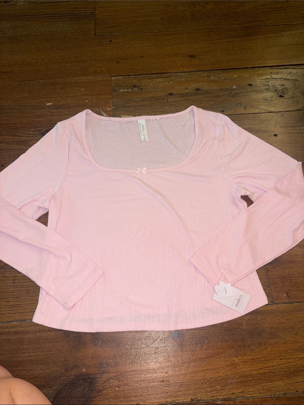 Auden Pale Pink Ribbed Long Sleeve Scoop Neck Top with Bow Accent